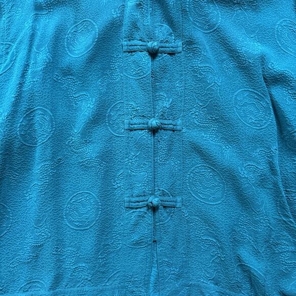 Vintage Chico’s Design 100% Silk Mandarin Collar Dragon Button Shirt Teal Sz 2 - Picture 4 of 6